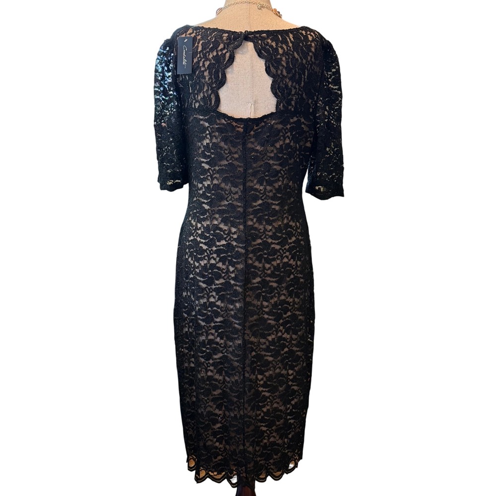 Candalite Womens XL Black Floral Lace Sheath Dress Nude Lining Keyhole Back New - Picture 3 of 7